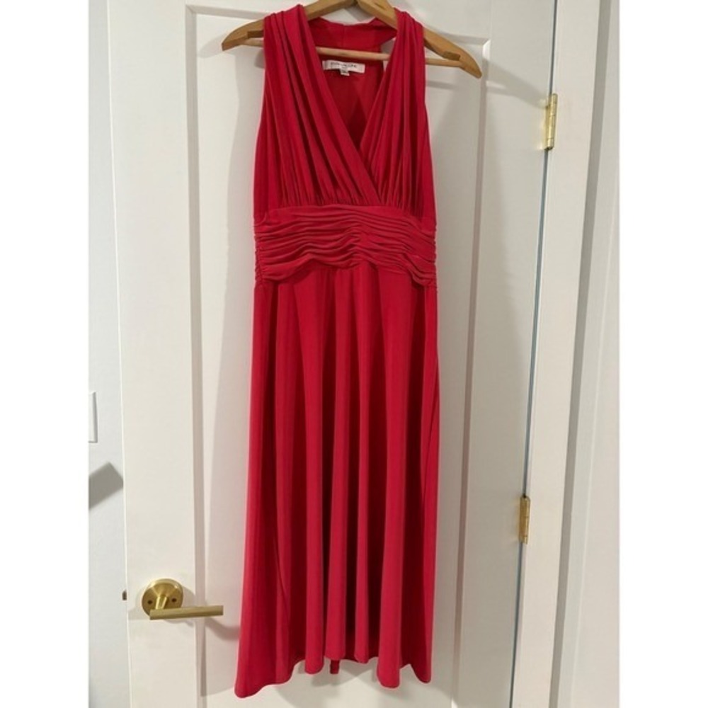 Women's Evan-Picone Red Ruched Empire Waist V-Neck Sleeveless Midi‎ Dress Size 6